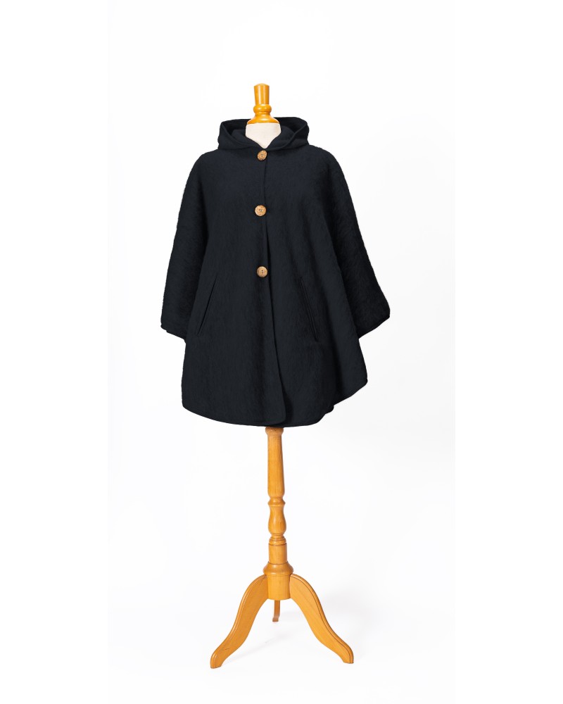 Cape à capuche femme en laine couleur noir