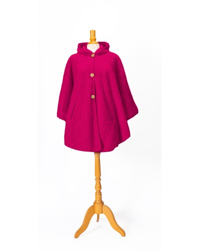 Cape à capuche femme en laine couleur rose framboise