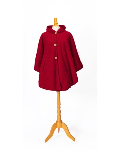 Cape à capuche femme en laine couleur rouge griotte