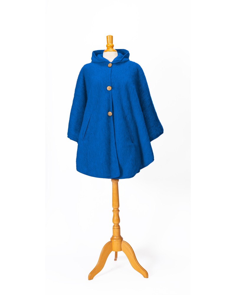 Cape à capuche femme en laine couleur bleu océan